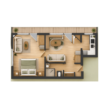 Ferienwohnung mit großem Balkon und tollem Ausblick und eingerichteter Küche.